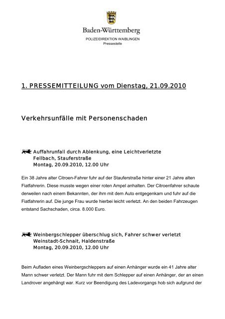 1. Pressemitteilung vom 21.09.2010 - Polizeidirektion Waiblingen