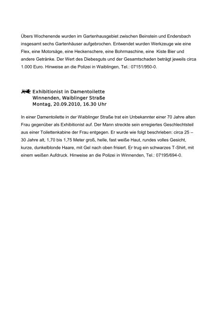 1. Pressemitteilung vom 21.09.2010 - Polizeidirektion Waiblingen
