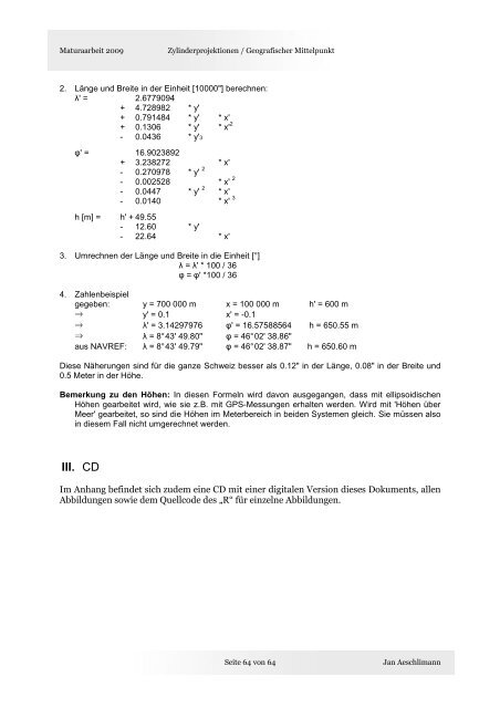 Untersuchung an Zylinderprojektionen und die Berechnung des ...