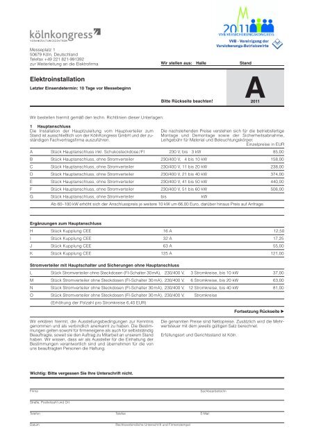 kölnkongress-Bestellformular für die Elektroinstallation ...