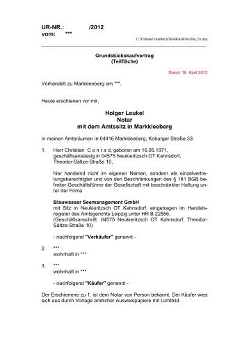Entwurf des Grundstückskaufvertrages - Leipzigseen