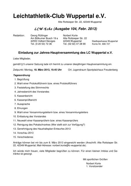 Ausgabe Nr. 104 (Februar 2013) - Leichtathletik-Club Wuppertal eV