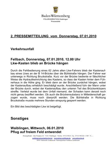 2. Pressemitteilung vom 07.01.2010 - Polizeidirektion Waiblingen