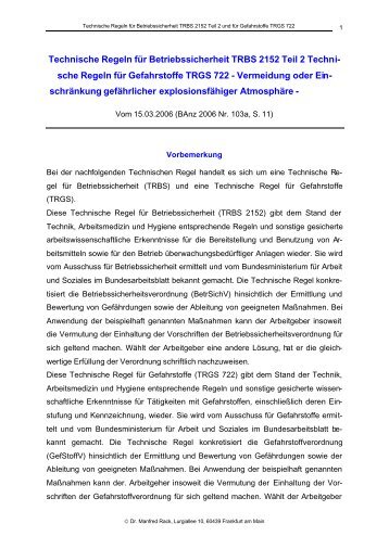 Technische Regeln für Betriebssicherheit TRBS 2152 Teil 2 Techni ...