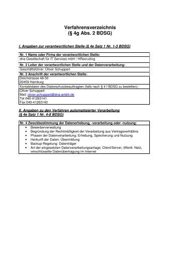 Verfahrensverzeichnis (§ 4g Abs. 2 BDSG) - HRecruiting.de