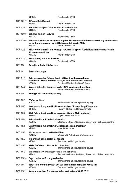 Bezirksverordnetenversammlung Mitte von Berlin Tagesordnung