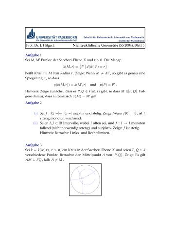 Prof. Dr. J. Hilgert: Nichteuklidische Geometrie (SS 2004), Blatt 5 ...