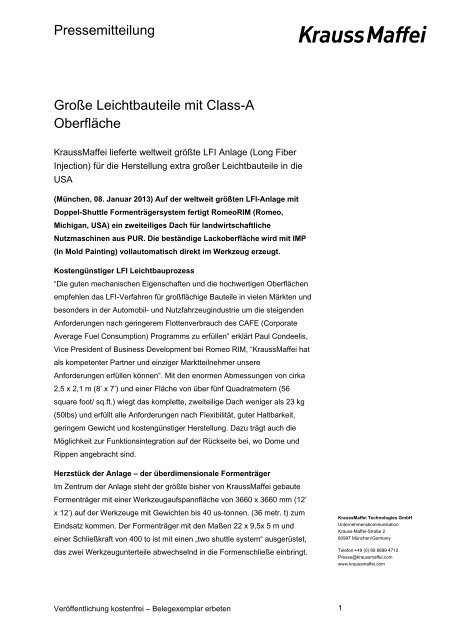 Große Leichtbauteile mit Class-A Oberfläche - Krauss Maffei