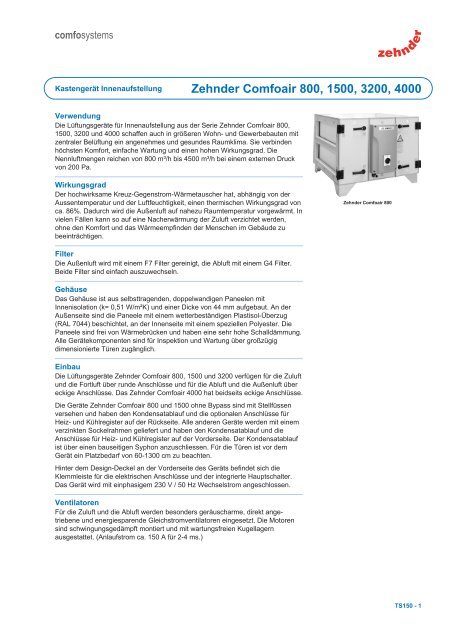 Zehnder Comfoair 800, 1500, 3200, 4000 - Comfosystems