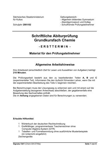 Schriftliche Abiturprüfung Grundkursfach Chemie - Hast-du-ahnung.de