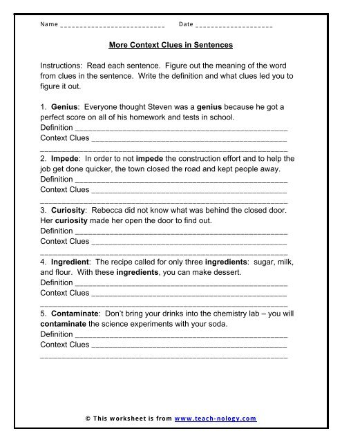 More Context Clues In Sentences Teach Nology