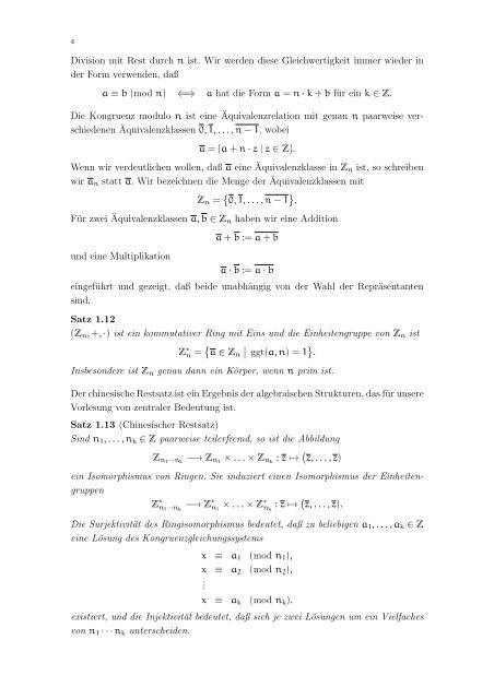 Elementare Zahlentheorie - Fachbereich Mathematik - Universität ...