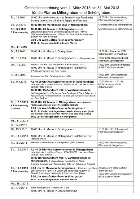 Gottesdienstordnung vom 1. März 2013 bis 31. Mai 2013 für die ...