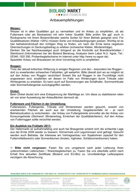 Anbauempfehlungen Herbst 2010 - Bioland Markt Gmbh