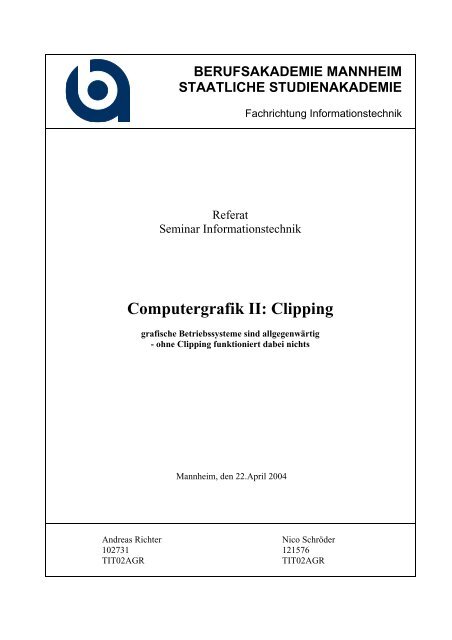 Computergrafik Ii Clipping Andreas Richter Nico Schroder Ba
