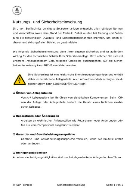 Sicherheitsrichtlinien - Solar Tagebuch / Photovoltaik