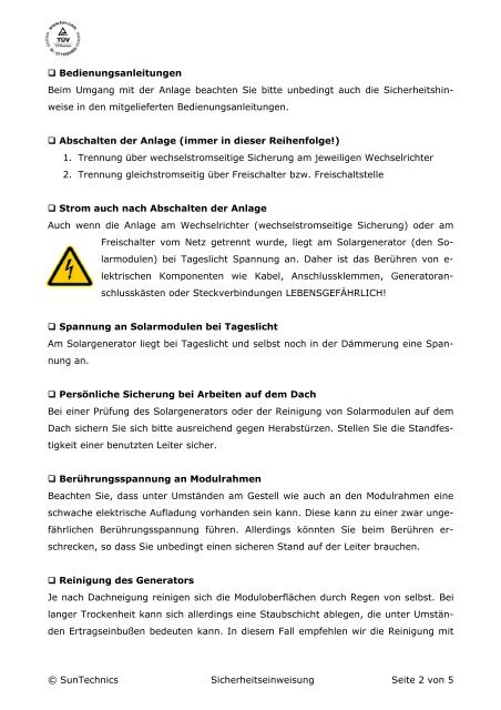 Sicherheitsrichtlinien - Solar Tagebuch / Photovoltaik