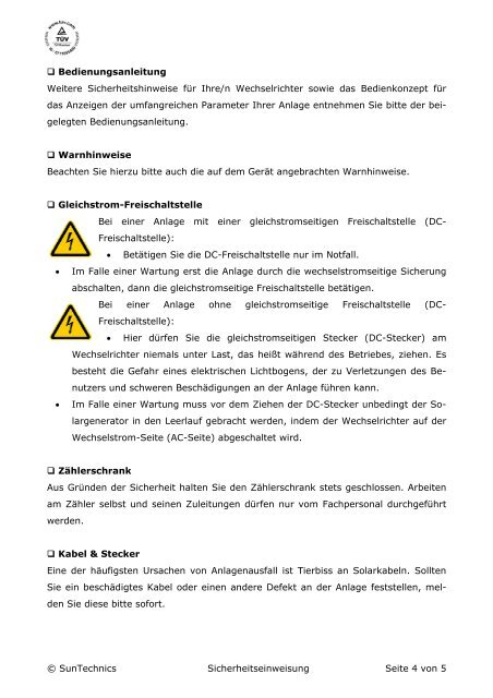 Sicherheitsrichtlinien - Solar Tagebuch / Photovoltaik