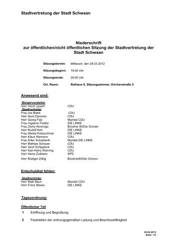 Stadtvertretung der Stadt Schwaan Niederschrift zur öffentlichen ...