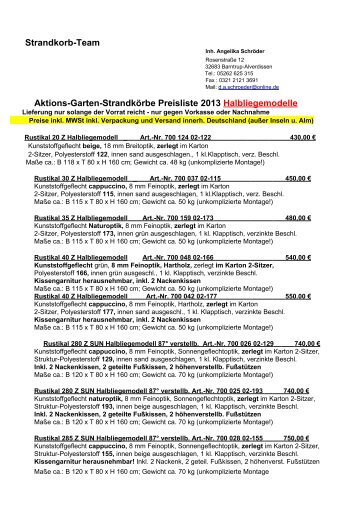 Aktions-Garten-Strandkörbe Preisliste 2013 Halbliegemodelle