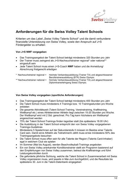 Anforderungen für die Swiss Volley Talent Schools