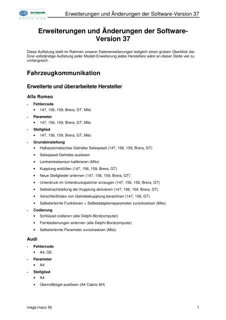 Erweiterungen und Änderungen der Software- Version 37