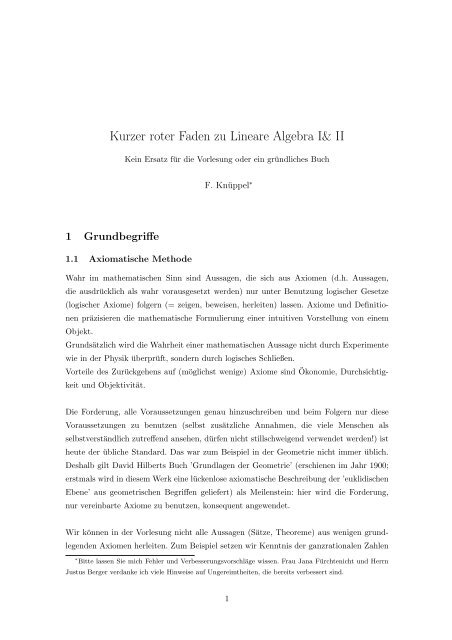 Kurzer roter Faden zu Lineare Algebra I& II