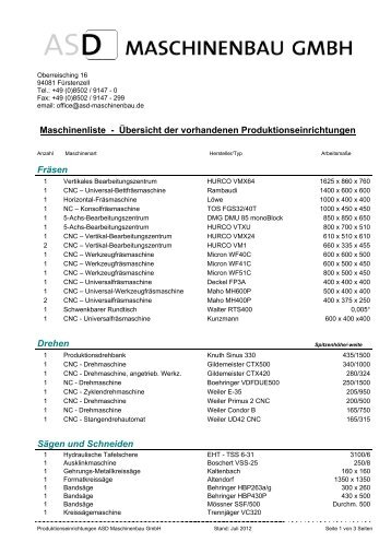 Maschinenliste - Übersicht der vorhandenen ... - ASD Maschinenbau