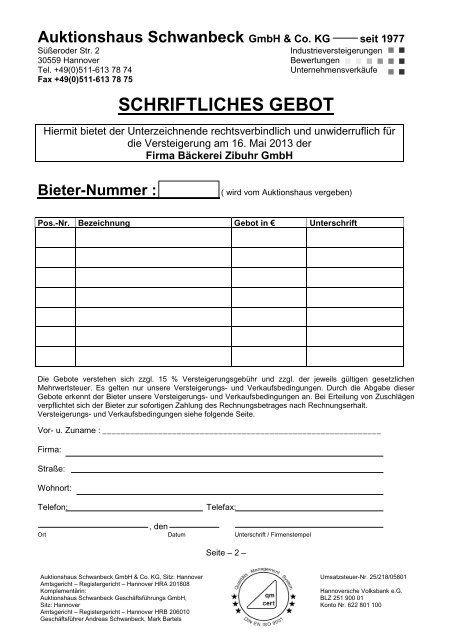 Vorlage Schriftliches Gebot Bäckerei Zibuhr - Auktionshaus ...
