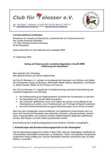 Antrag des CfM an das MUNLV NRW vom 15.09.2005 - Hundegesetze