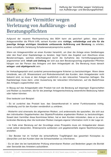 Haftung der Vermittler wegen Verletzung von ... - BHKW-Investment