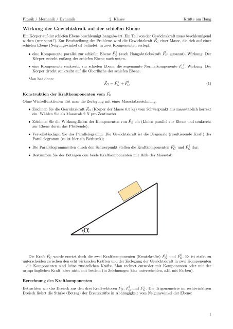 Wirkung der Gewichtskraft auf der schiefen Ebene