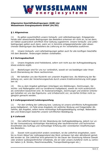 Allgemeine Geschäftsbedingungen (AGB) der Wesselmann ...