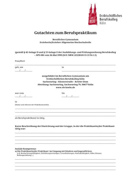 Gutachten zum Berufspraktikum - Erzbischöfliches Berufskolleg Köln