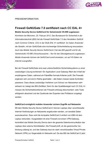 Firewall GeNUGate 7.0 zertifiziert nach CC EAL 4+ - GeNUA