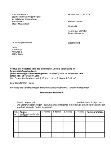 Musterbeispiel Feuerstättenbescheid - Freie Schornsteinfeger GmbH