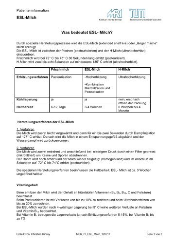 ESL-Milch Was bedeutet ESL- Milch? - Klinikum rechts der Isar ...