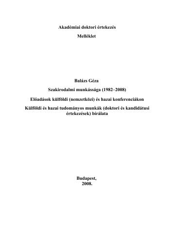 Balázs Géza: Fontosabb hivatkozások, ismertetések jegyzéke (198