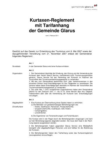 Kurtaxen-Reglement mit Tarifanhang der Gemeinde Glarus