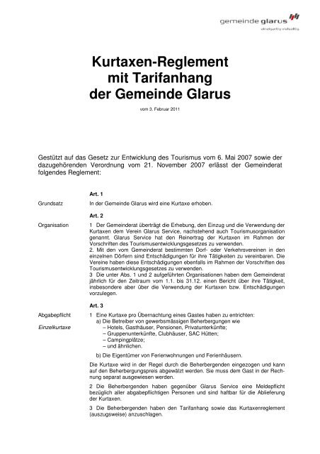 Kurtaxen-Reglement mit Tarifanhang der Gemeinde Glarus