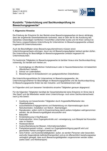 Kurzinfo IHK Unterrichtung und Sachkundeprüfung nach §34a