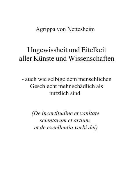 Ungewissheit Und Eitelkeit Aller Kunste Und Wissenschaften Anova