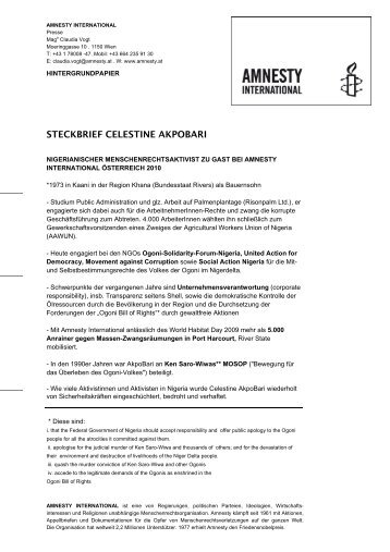 steckbrief celestine akpobari - Amnesty International Österreich