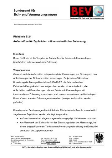 E-24 - Aufschriften für Zapfsäulen mit innerstaatlicher Zulassung - BEV