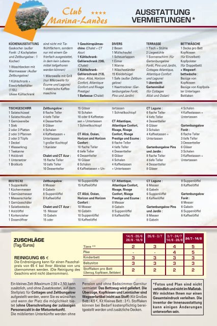 VERMIETUNGEN PRO WOCHE (in EURO) - Club Marina Landes