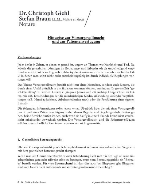 Merkblatt Vorsorgevollmacht (.pdf) - Notare Giehl und Braun Erlangen