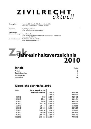 ZIVILRECHT aktuell Übersicht der Hefte 2010