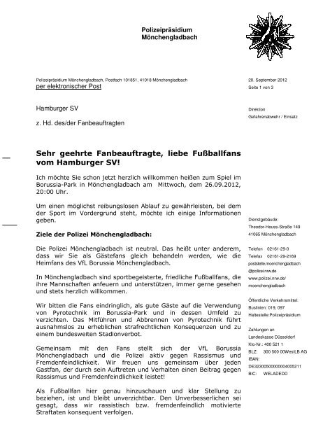 Fanbrief der Polizei Mönchengladbach