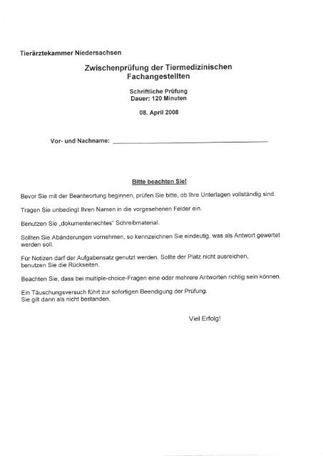 Zwischenprufung Der Tiermedizin Ischen C Pahlitzsch