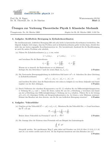 ¨Ubungen zur Vorlesung Theoretische Physik I: Klassische Mechanik